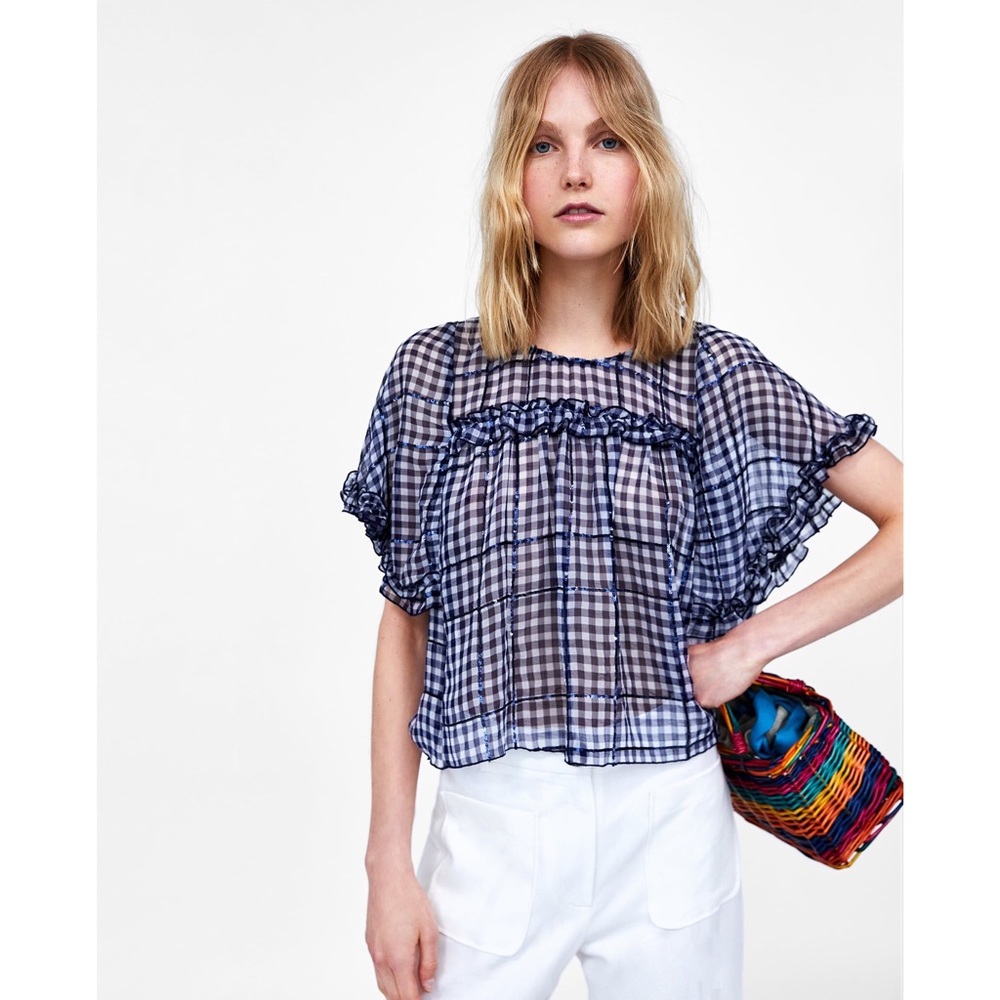 Vichy Checkered Ruffle Sleeves Top with Sequins
